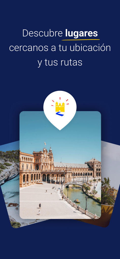 Pantalla de la aplicación Guía Repsol con la Plaza de España en Sevilla y texto sobre el descubrimiento de lugares cercanos y rutas.