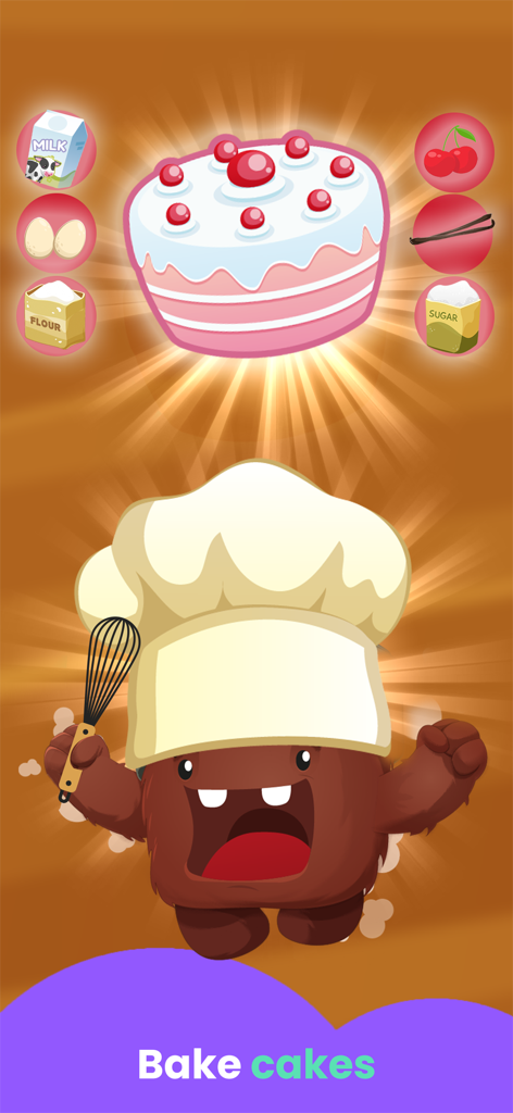 A brown monster chef holding a whisk next to a decorated pink cake and baking ingredients