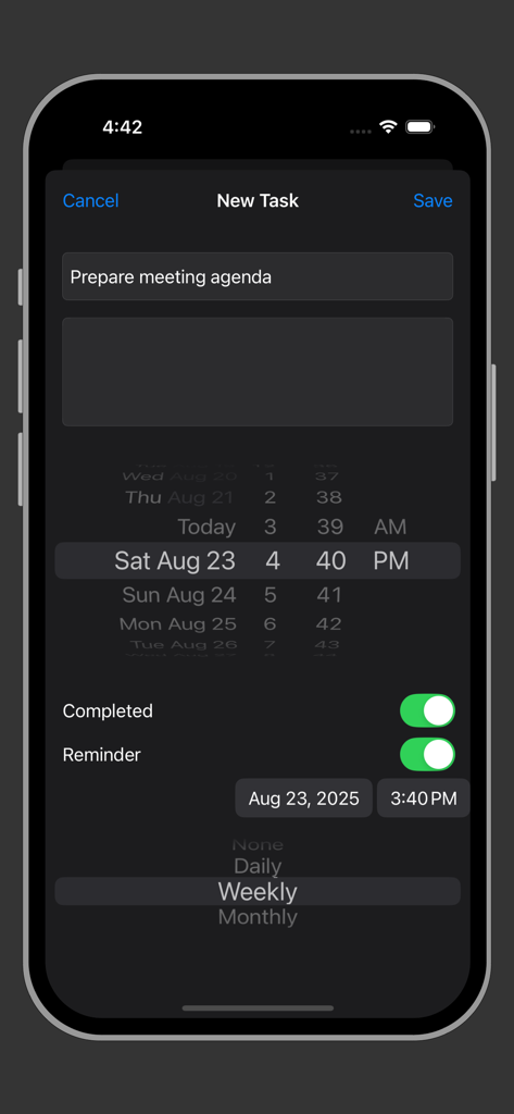 Interface for adding a new task with reminder and repeat settings in dark mode