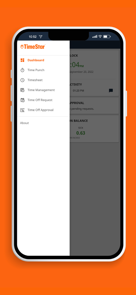 TimeStar Mobile - TimeStar Mobile app side navigation menu with dashboard and time tracking options