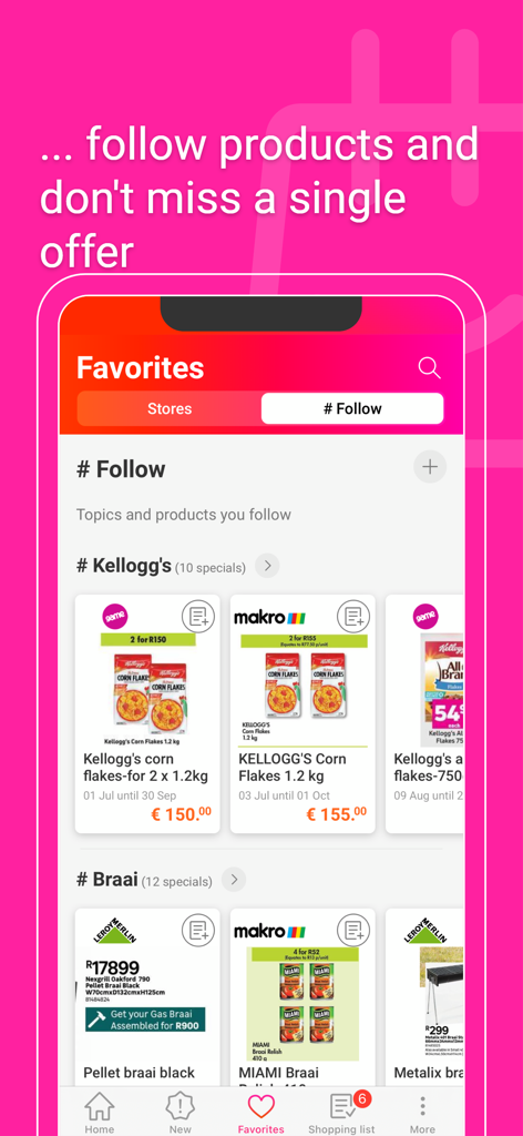 Mobile App-Bildschirm, der den Favoritenbereich zeigt, in dem Benutzer bestimmte Marken und Produkte für Angebote verfolgen können