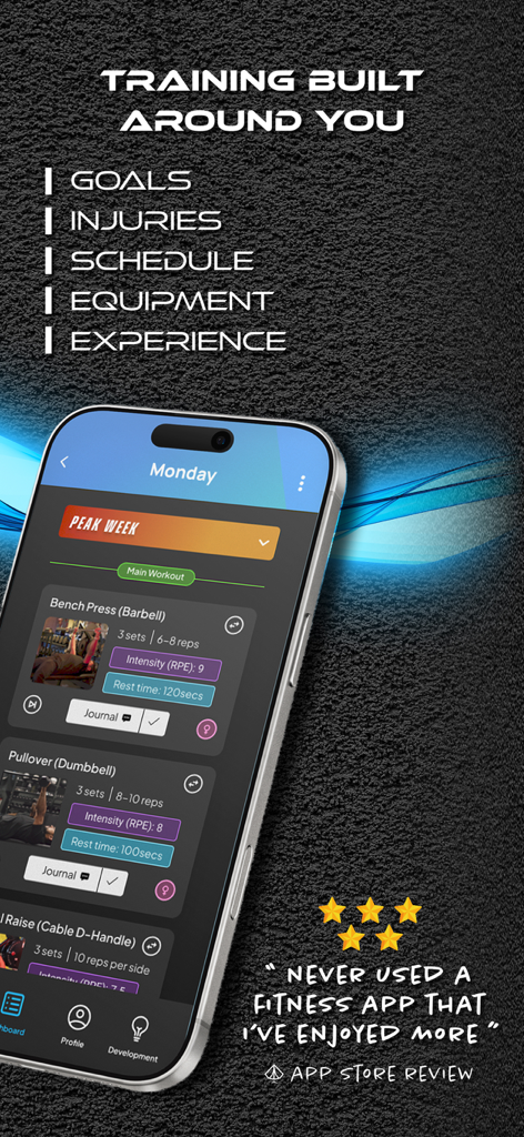 Spade.Fit - Adaptive Workouts - Mobile app screen for Spade.Fit showing an adaptive workout plan and a five star user testimonial.
