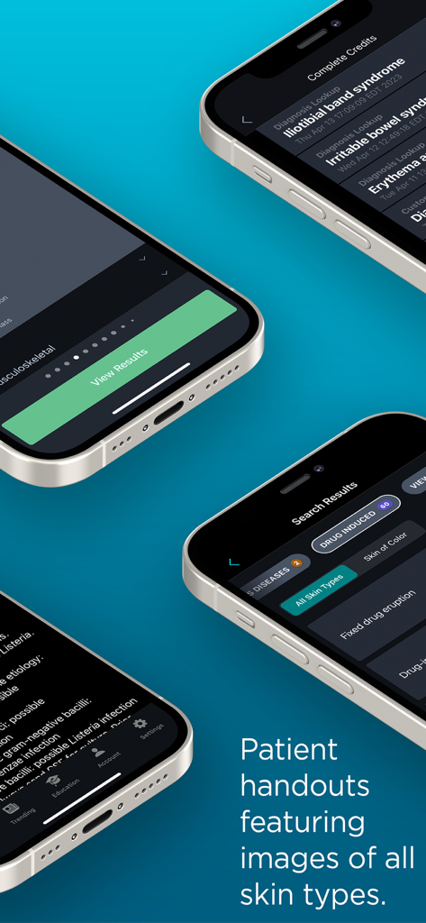 VisualDx - Pantallas de la aplicación VisualDx que muestran resultados de búsqueda médica y opciones de tipos de piel diversos