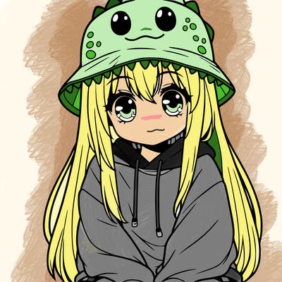 girl with anime shaped eyes with a dinosaur bucket hat oversized sweatshirt long straight hair