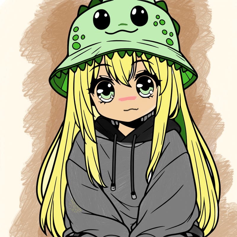 girl with anime shaped eyes with a dinosaur bucket hat oversized sweatshirt long straight hair
