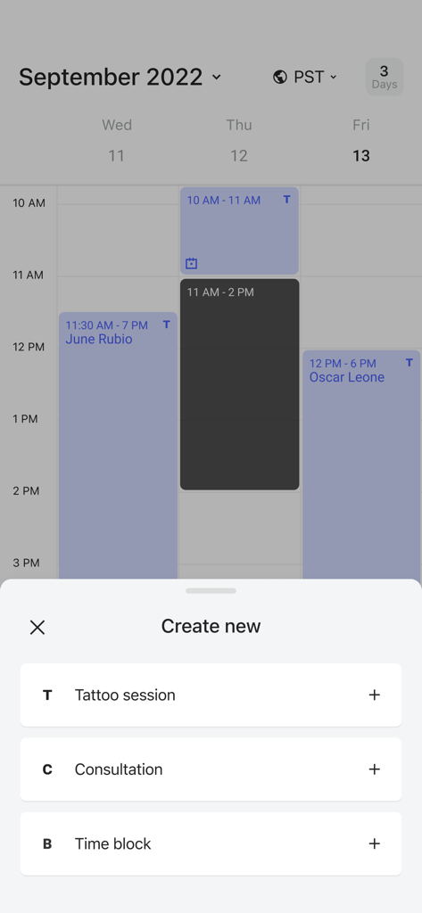 Linework app - Linework App-Oberfläche, die einen Kalender mit Tattoo-Sitzungen und einem Menü zur Erstellung neuer Termine zeigt