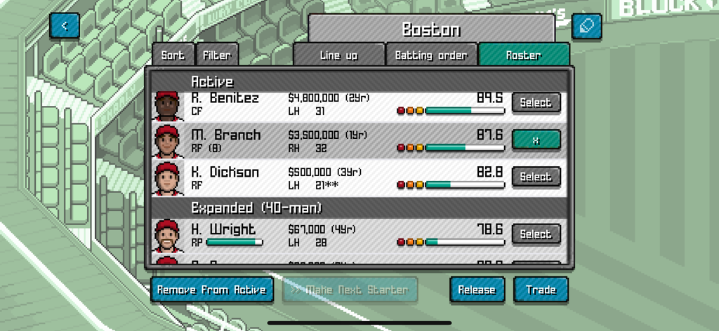 Pixel Pro Baseball roster management menu showing player stats and salaries in retro pixel art style