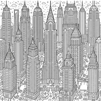Dive into the towering world of skyscrapers with this exquisitely detailed adult coloring page. Experience a mindful escape as you bring a bustling urban landscape to life with your unique palette.