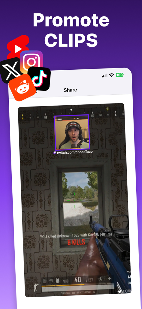 Stream Tracker for Twitch Live - Interface of Stream Tracker app for promoting Twitch clips on social media platforms like TikTok and Instagram