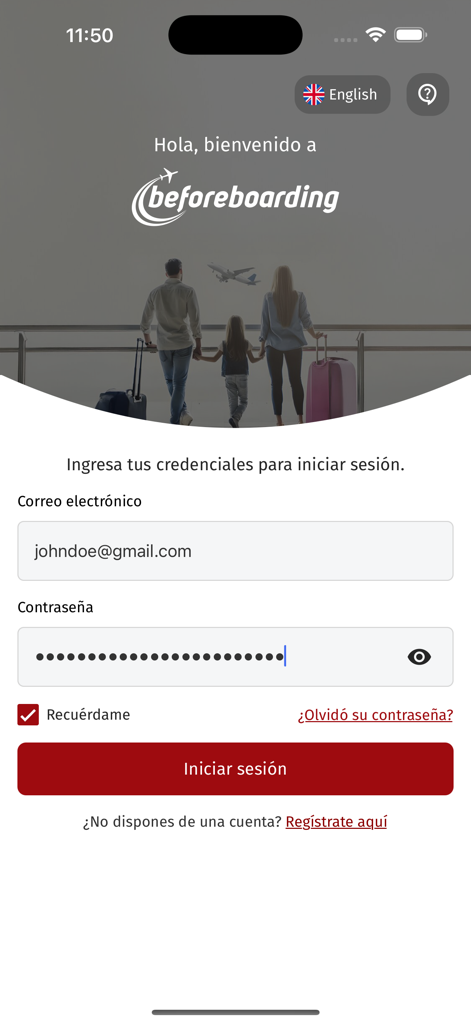 BeforeBoarding - Pantalla de inicio de sesión de la aplicación móvil BeforeBoarding con campos de correo electrónico y contraseña con un fondo de aeropuerto