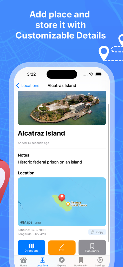 Pantalla de teléfono inteligente que muestra una ubicación guardada de la isla de Alcatraz con notas y coordenadas del mapa en Horizon Maps 3D