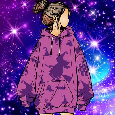 realistic girl with a oversized sweatshirt on and a bun