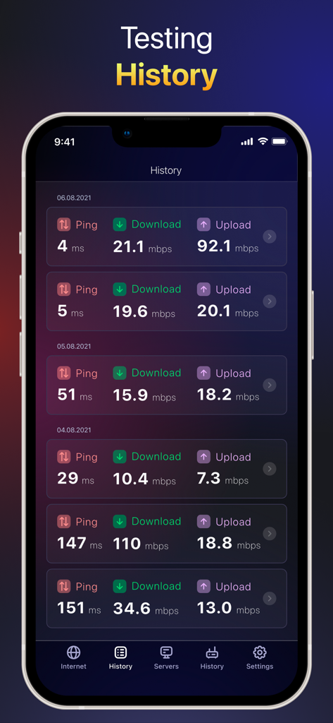 Interfaz de la aplicación Speedtest que muestra una lista de resultados de pruebas de velocidad de red anteriores, incluido ping y tasas de datos
