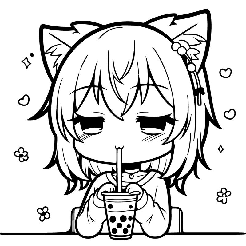 anime cat drinking boba