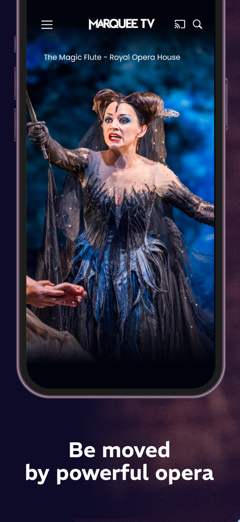 Dramatic scene from The Magic Flute opera at the Royal Opera House displayed on the Marquee TV app
