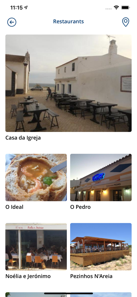 Pantalla de la aplicación Hotel Dunamar que muestra recomendaciones de restaurantes locales con fotos y nombres