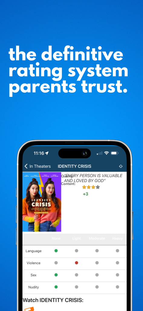 Movieguide® Movie & TV Reviews - Aplicativo Movieguide mostrando uma classificação detalhada de conteúdo de filme para linguagem violência sexo e nudez