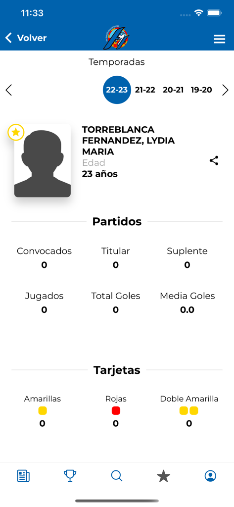 Pantalla de perfil de jugador en la aplicación RFMF que muestra estadísticas de partidos y registros disciplinarios