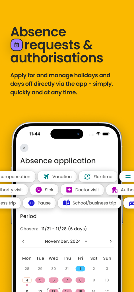 Mobile app interface for submitting absence applications and holiday requests with a calendar view