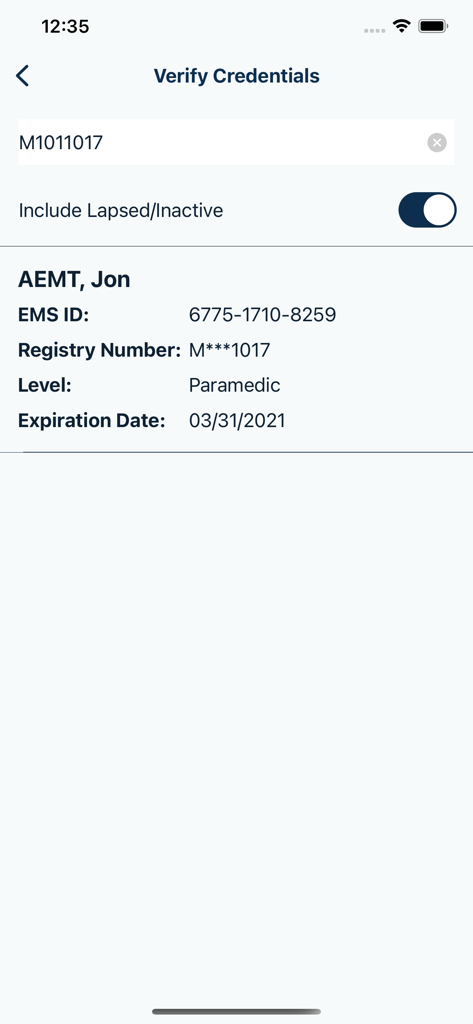 Interface of the NREMT app showing the Verify Credentials screen with provider details including EMS ID and certification expiration date.