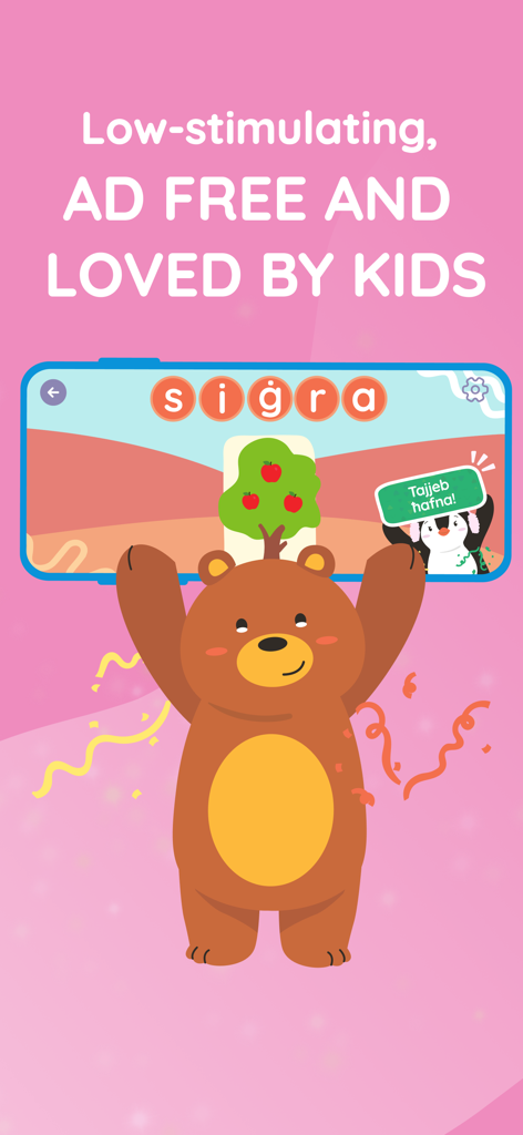 Nina u Ninu - A cartoon bear character holding a screen displaying a Maltese spelling game for children.