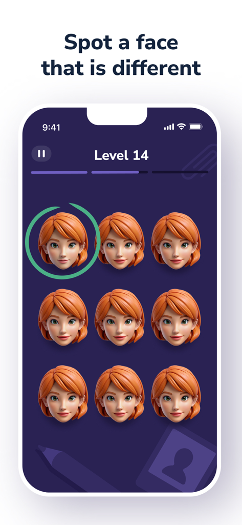 BrainSpot: Mental Test Games - BrainSpot app gameplay screen showing a find the different face logic puzzle