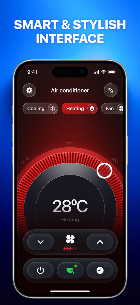 Air Conditioner Controller ‧ - Un smartphone mostrando una interfaz digital moderna y elegante para controlar un aire acondicionado en modo calefacción a veintiocho grados Celsius.