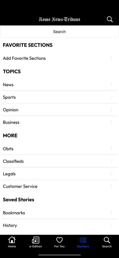 Rome News Tribune mobile app sections screen displaying local news sports opinion and business categories