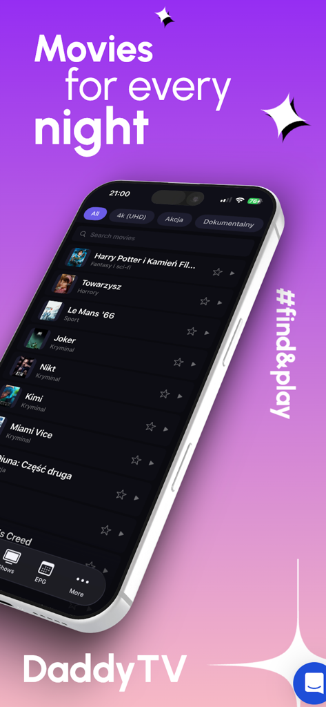 DaddyTV IPTV Player - Interface do aplicativo DaddyTV IPTV Player mostrando uma lista de filmes e filtros de pesquisa em uma tela de iPhone