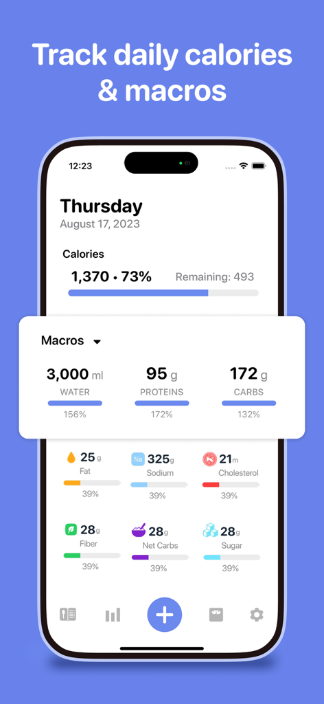 Calorie Counter - Calory AI - Interface of the Calory AI app showing a detailed breakdown of daily calories and macronutrients with progress bars