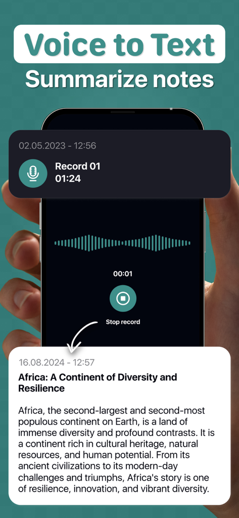 Eine mobile Benutzeroberfläche, die die Sprach-zu-Text- und Notizzusammenfassungsfunktion demonstriert, indem sie Audio aufnimmt und eine Zusammenfassung über Afrika generiert.