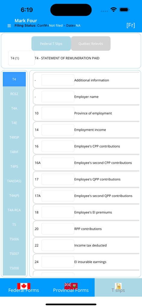 StudioTax 2025 - Interfaz de la aplicación móvil StudioTax 2025 que muestra la pantalla de entrada de la T4 Declaración de remuneraciones pagadas con varios campos de datos fiscales