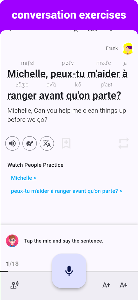 French  - Listening Speaking - A screenshot of the French Listening Speaking app showing a conversation exercise with phonetic transcription and a voice recording interface
