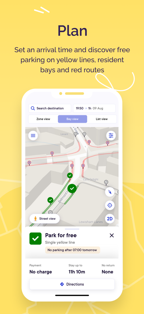 AppyParking+ Plan, Park & Pay - AppyParking plus mobile app interface showing a map view with free parking availability on single yellow lines