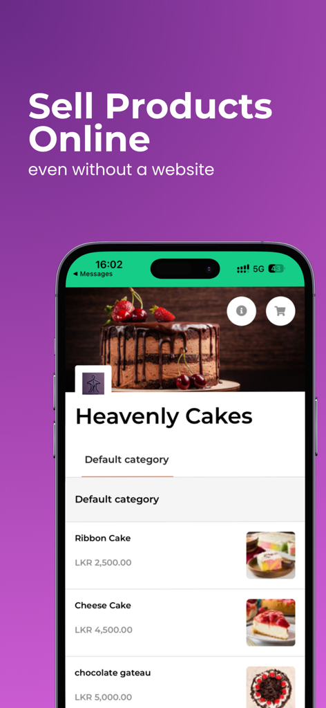 Pantalla de la aplicación Genie Business que muestra la interfaz de una tienda online para Heavenly Cakes permitiendo a los usuarios vender productos online sin un sitio web