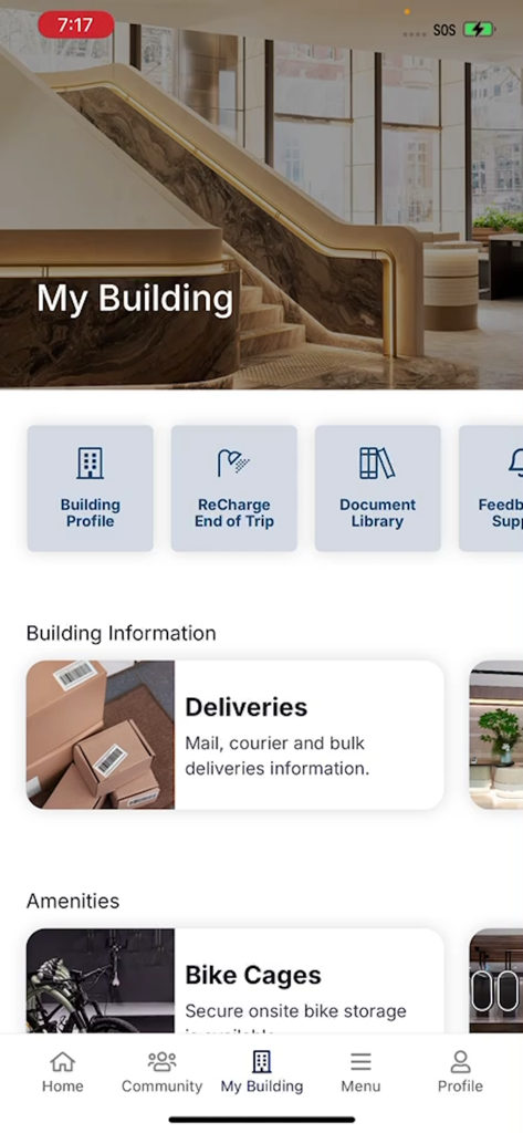 Charli 2.0 - Charli 2.0 app interface displaying building information delivery services and office amenities like bike cages.