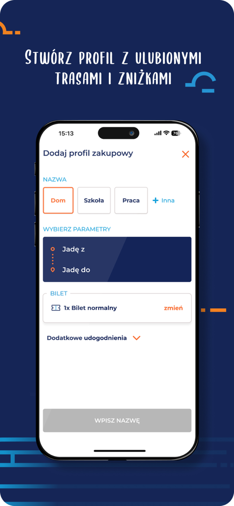 Interface of PKP Intercity app to create a travel profile with favorite routes and discounts.