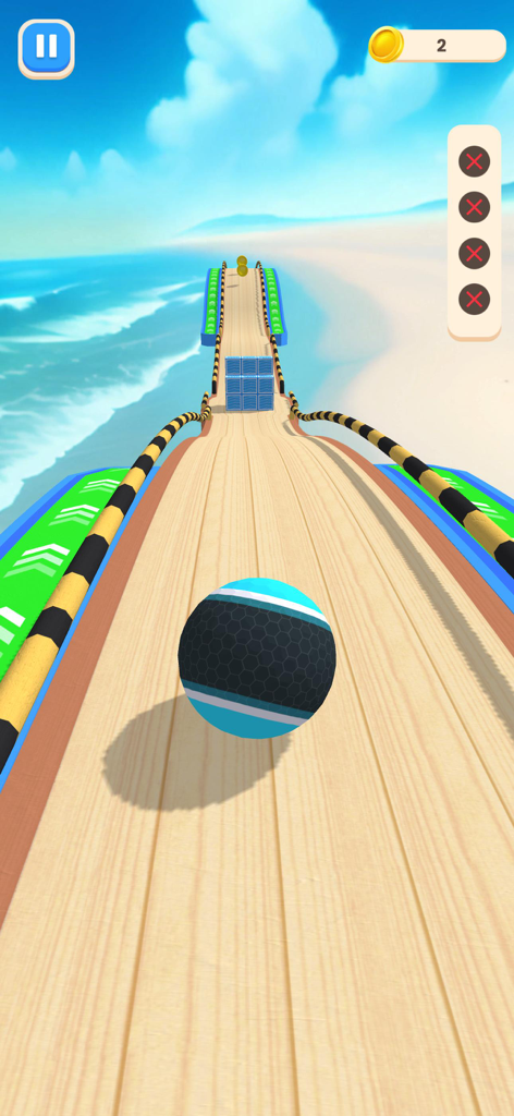 Going Balls 3D - Rollance - A patterned blue ball rolling on a wooden sky track with a beach and ocean background.