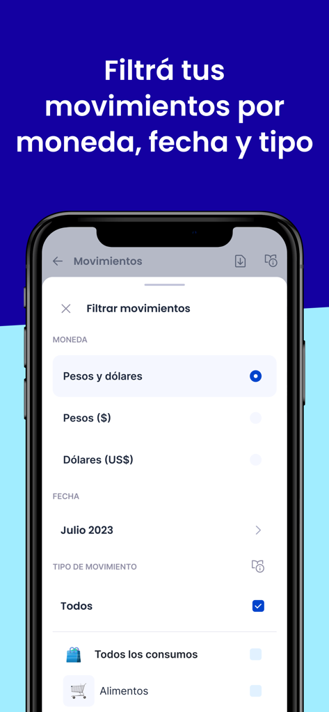 Midinero App - Pantalla móvil de la aplicación Midinero que muestra opciones de filtro para transacciones financieras por moneda, fecha y tipo