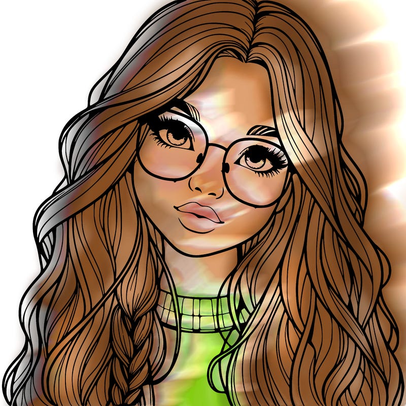 girl with long hair and freckles and glasses realistic