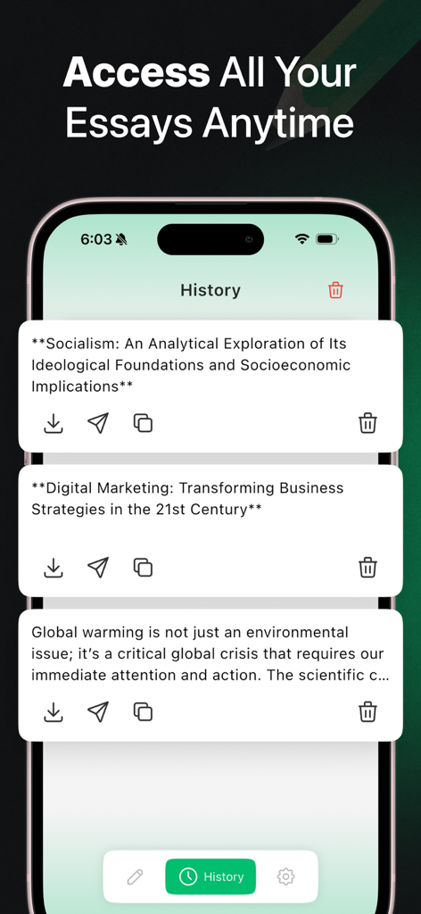 AI Essay Writer : Essay Helper - Pantalla de historial de la aplicación AI Essay Writer mostrando una lista de ensayos guardados con opciones para descargar y compartir.