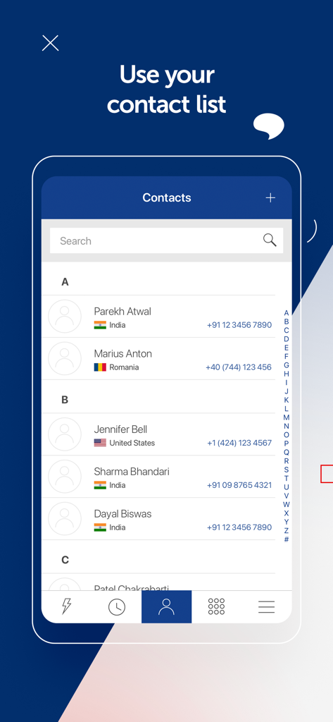 KeepCalling International - L'écran des contacts de l'application KeepCalling affiche les noms et les numéros de téléphone internationaux avec les drapeaux des pays pour une sélection facile.