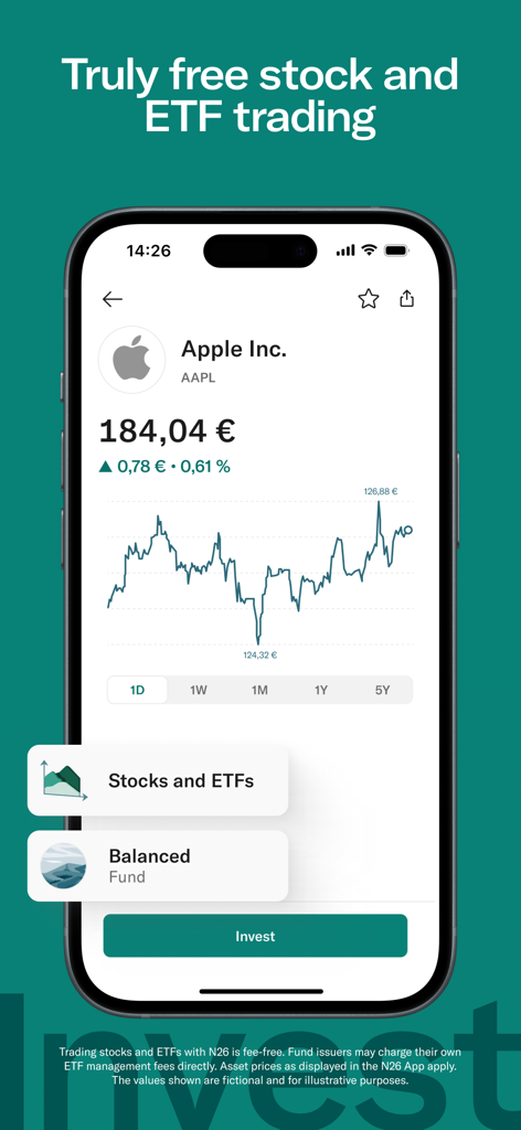 N26 smartphone app displaying a stock price chart for Apple and trading options