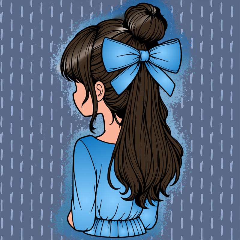 realistic girl  with hip length hair a bun and a big bow on the back of head