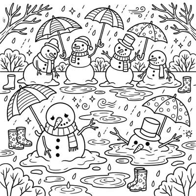 Embrace the charming paradox of winter turning to spring with this unique melting snowmen coloring page set on a rainy day. Discover whimsical characters and intricate details that promise a delightful and engaging artistic escape.