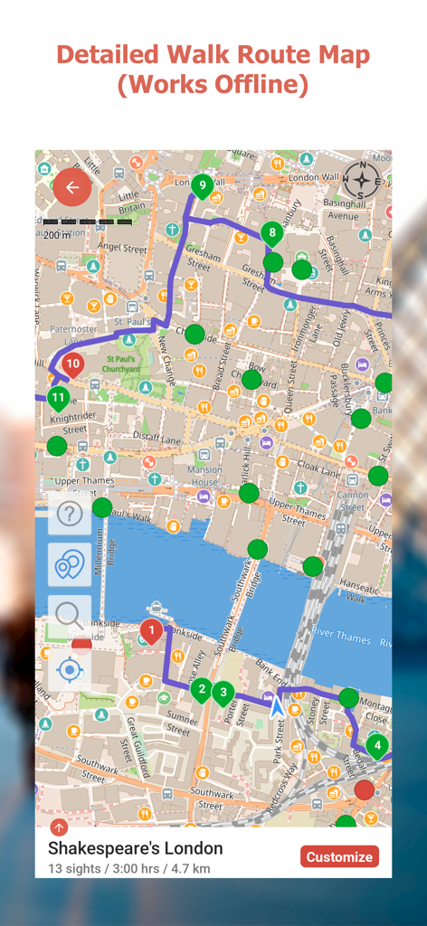 GPSmyCity: Walks in 1K+ Cities - GPSmyCity app screen showing a detailed offline walking route map of London for a Shakespeare themed tour
