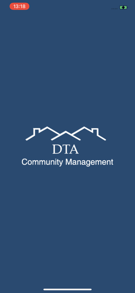 Tela inicial do aplicativo móvel DTA Community Management com seu logotipo e contornos de casas em um fundo azul escuro.