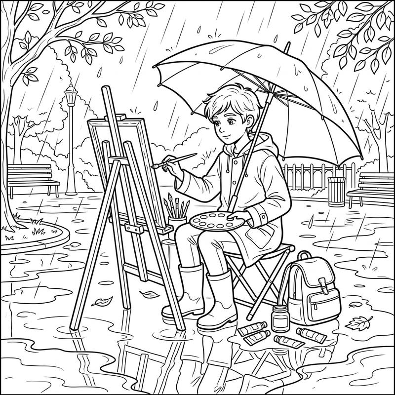 Find inspiration in every drop with this charming rainy day painting coloring page. A dedicated artist braves the weather to create, bringing a touch of warmth and creativity to the wet outdoors.