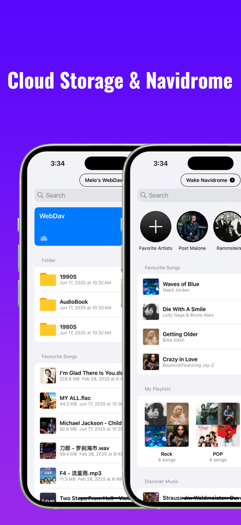 Wake Music：Offline Music - Wake Music app interface showing WebDAV cloud storage and Navidrome server integration for offline music management