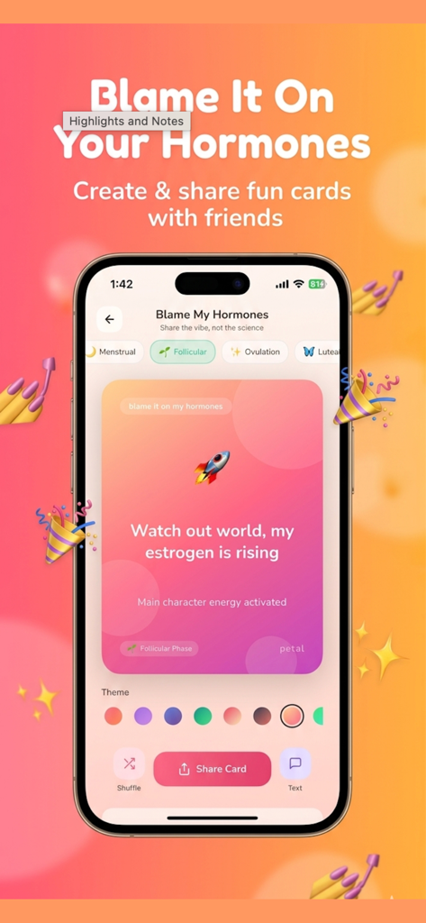 Petal: Cycle & Period Tracker - A smartphone displaying the Petal app feature to create and share fun hormone cards with friends